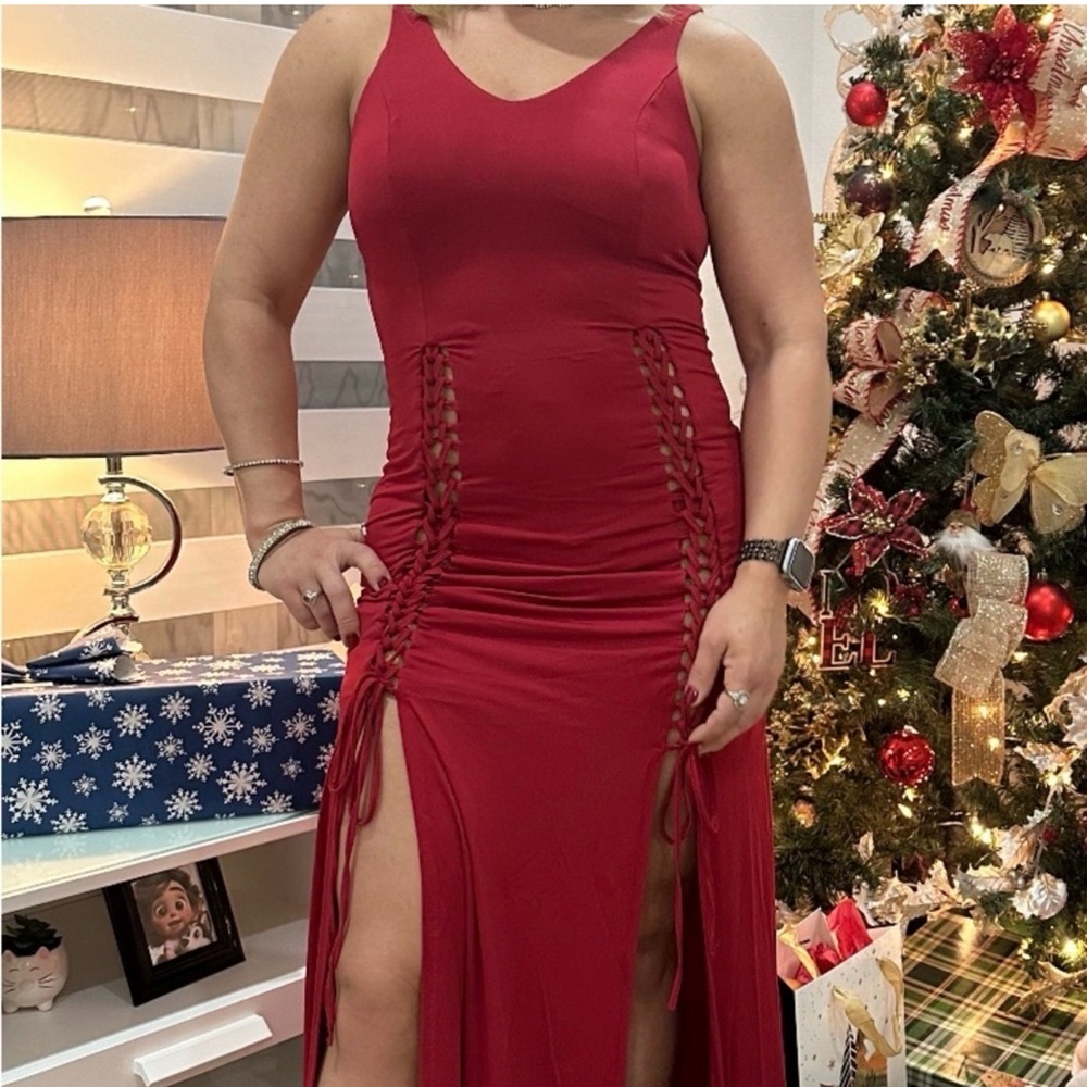 Miss Avenue Red Maxi Dress with Lace-Up Detail